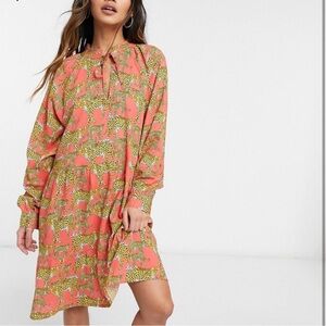 🐆🩷ASOS Native Youth smock dress with high pleated collar in leopards print 🩷🐆